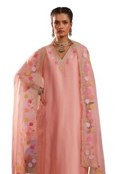 Peach silk chanderi kurta with floral and zari embroidered neckline and cuffs. Comes with pant and an organza dupatta. - Aza Fashions Pink Embroidered Slub Silk Churidar, Slub Silk Dupatta For Spring Weddings, Wedding Dupatta In Slub Silk For Spring, Spring Wedding Dupatta In Slub Silk, Spring Wedding Slub Silk Dupatta, Spring Wedding Anarkali Set With Gota Work, Spring Gota Work Dupatta For Saree, Designer Peach Dupatta With Gota Work, Pink Embroidered Cotton Silk Churidar