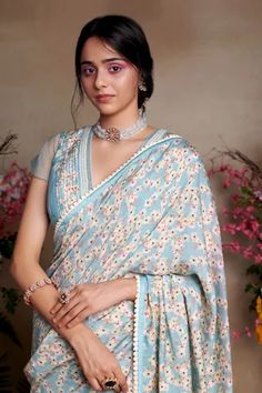 Shop for Shasha Gaba Blue Vis Chanderi Printed Tender Love Saree With Blouse for Women Online at Aza Fashions Tender Love, Print Saree, Cutwork Embroidery, Satin Saree, Blue Saree, Blouse For Women, Satin Color, Saree With Blouse, Blouse Online