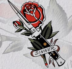 a rose with two scissors on it and the word sinn written in black ink next to an old - fashioned tattoo style knife