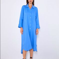 Nwt Zara 100% Linen Blue Button Down Oversized Shirt Dress. Lapel Collar And Long Cuffed Sleeves. Front Patch Pocket And Sides Pockets Asymmetric Hem With Side Vents. Front Button Closure. Can Be Used As A Dress Or As A Bathing Suit Cover-Up. Size L Zara Shirt Dress, Paperbag Hose, Female Shirt, Navy Shirt Dress, Collared Shirt Dress, Dress Zara, Linen Shirt Dress, Linen Midi Dress, Backless Prom Dresses