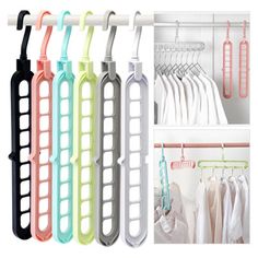 several different colored clothes hangers in various colors