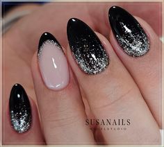 Nails Black Glitter Silver, Black Nail Designs Sparkle, Black Sparkle Christmas Nails, Black And Silver Nail Designs Ideas, Black Silver Christmas Nails, Short Almond Nails New Years, Black Tips Almond Nails, Christmas Nails Black And Silver, Black Glitter Christmas Nails