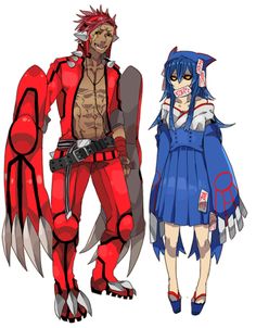 two anime characters standing next to each other in front of a white background with red and blue colors