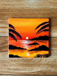 an acrylic painting of a sunset with palm trees