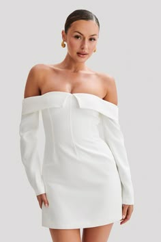 Hugo Suiting Off Shoulder Mini Dress - Ivory Capsule Wardrobe Basics, Off Shoulder Mini Dress, Graduation Photography Poses, Graduation Photography, Maxi Dress Sale, Men Wear, Swimwear Sale, Crepe Dress, Fitted Silhouette