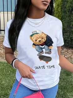 Bear Cartoon Print Crew Neck T-Shirt, Casual Short Sleeve T-Shirt For Casual Crew Neck T-shirt With Cartoon Print, Leisure Crew Neck T-shirt With Letter Print, Trendy Relaxed Fit T-shirt With Cartoon Print, Cotton Short Sleeve T-shirt For Leisure, Casual Comfortable Fit T-shirt With Letter Print, Comfortable Fit Crew Neck Summer Tops, Trendy Cartoon Print Crew Neck Top, Trendy Crew Neck Top With Cartoon Print, Comfortable Fit Crew Neck T-shirt For Summer