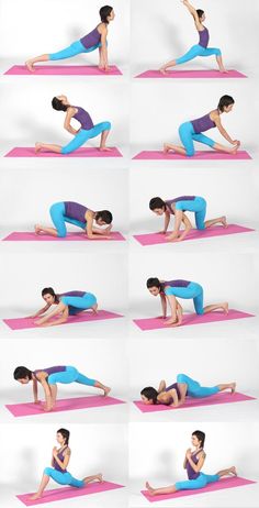 a woman is doing yoga poses on a pink mat