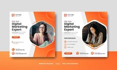 two flyers for digital marketing expert with orange and white shapes on the front, one has an image of a woman in glasses