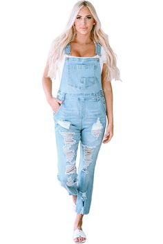 This light denim overalls with distressed detail is hot on trend It features a classic design with buckle shoulder straps, and bib pocket look Add some daring details such as the vintage washed hue, and ripped design Pair this denim overalls with sneakers and a cap for casual day out this weekend Material 65%Cotton+33%polyester+2%Elastane Size Chart (INCH) Sizes Hip Inseam Bottoms Trousers_Waist Outseam Relax Relax Relax Relax Relax S 39.4 26.2 23.7 31.5 37.4 M 40.9 26.2 24.6 33.1 37.8 L 42.9 26.2 25.7 35.0 38.2 XL 46.1 26.2 27.4 38.2 38.6 Elasticity Medium-High Denim Blue Overalls With Frayed Hem, Trendy Overalls With Frayed Hem For Spring, Trendy Spring Overalls With Frayed Hem, Casual Light Wash Distressed Overalls, Casual Distressed Light Wash Overalls, Spring Overalls With Frayed Hem, Light Wash Denim Overalls For Fall, Spring Distressed Denim Overalls, Distressed Denim Overalls For Spring