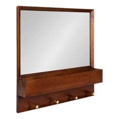 a wooden shelf with a mirror and hooks on the top, against a white background