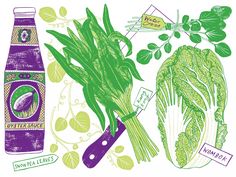 an illustration of some vegetables and a bottle