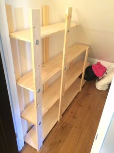 a room that has some shelves on the wall and a bag in the floor next to it