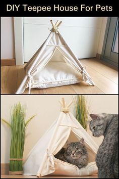 two pictures of a cat in a teepee house for pets with the caption diy tepeee house for pets