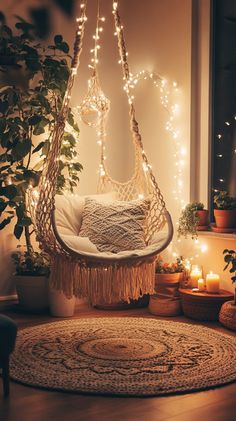 Cozy reading nook featuring a macrame chair, fairy lights, potted plants, and soft candle lighting for a warm atmosphere. Mountain Lodge Bedroom, Lodge Bedroom, Lavish Living Room, Hammock Chairs, Industrial Home Offices, Macrame Hanging Chair, Macrame Hanging, Color Palette Design