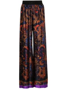 black/multicolour satin finish all-over graphic print contrasting trim mid-rise elasticated logo waistband palazzo design wide leg Palazzo Design, Palazzo Designs, Black Palazzo Pants, Printed Palazzo Pants, Contrasting Trim, Silk Trousers, City Dress, Printed Trousers, Flare Trousers