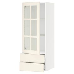 a white kitchen cabinet with glass doors on the front and bottom, against a white background