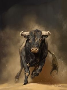 a painting of a bull running in the sand with horns on its head and tail