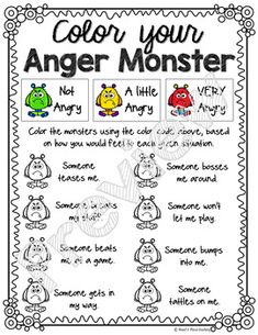 the color your anger monster poster is shown in black and white, with four different colored monsters