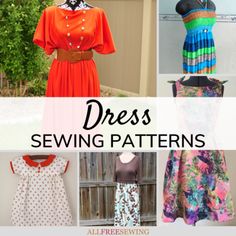 several different types of dress sewing patterns on mannequins with text overlay that reads, dress sewing patterns