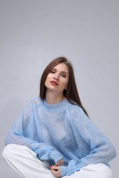 Knitted Mohair and Silk sweater - oversized sweater XS-XL - Italian 70% kid mohair 30% silk - extra soft - extended sleeve - easy care Casual Mohair Sweater For Winter, Blue Soft Knit Acrylic Sweater, Blue Acrylic Soft Knit Sweater, Trendy Oversized Fine Knit Sweater, One Size Soft Knit Crew Neck Sweater, Trendy Long Sleeve Mohair Sweater, Casual Long Sleeve Mohair Sweater, Mohair Sweater With Soft Knit And Crew Neck, Mohair Crew Neck Soft Knit Sweater