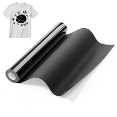 a roll of black plastic film next to a t - shirt with the image on it