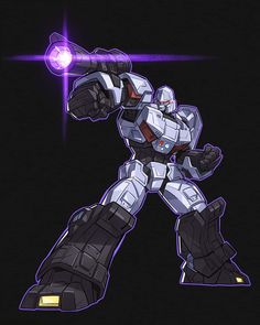 a drawing of a robot that is standing in the dark with purple light behind it