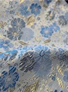 Blue Floral Brocade in a Blue and Gold Colors With Metallic Threading - Etsy Blue Fabric With Gold Embroidery For Wedding, Elegant Brocade Fabric With Gold Embroidery, Gold Brocade Fabric, Festive Blue Brocade Embroidered Fabric, Luxury Brocade Fabric With Floral Embroidery, Ceremonial Gold Brocade Embroidered Fabric, Gold Brocade, Muted Blue, Gold Colors