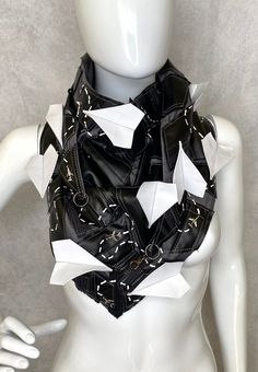 This  is an absolutely exclusive black scarf with white removable airplanes, that look like paper airplanes. Closure with lobster clasp. Creative approach to each product, a fresh look at usual clothes turn them into real art objects. Handmade. Upcycled/reworked  faux leather top. Inside out seams! One size. One copy. Unisex. Ripped look. Materials: cotton/polyester,  faux leather. Care: Dry clean or hand wash in cold water. Do not tumble dry. This ripped scarf is combining everyday style with a Leather Scarf, Faux Leather Top, Real Art, Paper Airplanes, Black Scarf, Art Objects, Burning Man, Leather Care, Everyday Style