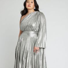 Metallic One Shoulder Dress- Elloqui Silver Evening Gowns Plus Size, Plus Size Silver Sequin Dresses, Silver Dress Formal Plus Size, Modest Disco Dress, Silver Wrap Dress, Silver Dress For Older Women, Silver Party Dress Plus Size, Party Dress For Women Over 60, Plus Size Silver Dress