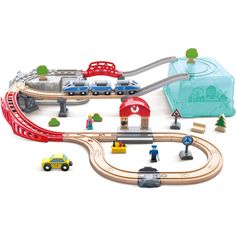 a toy train set with cars, trucks and people around it on a white background