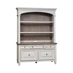 a white bookcase with drawers and cupboards on the bottom, in front of a white background