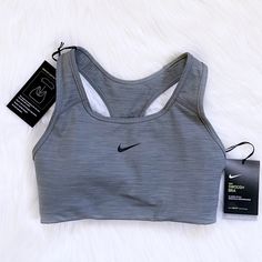 New With Tags- Nike Women’s Dri-Fit Swoosh Grey Medium Support Sports Bra With Dri-Fit Technology, Removable 1 Piece Pad, Racerback Design And Pad Pocket That Opens From Top And Can Fit A Phone If Desired. Cheap Nike Sports Bra With Moisture-wicking, Nike Sports Bra Women, Medium Support Sports Bra, Nike Fit, Gray Sports Bra, Cute Bras, Strappy Sports Bras, Padded Sports Bra, Nike Sports Bra