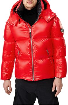 Designer Down Puffer Jacket With Detachable Hood, Luxury Hooded Down Puffer Jacket, Designer Hooded Puffer Jacket With Padded Collar, Winter Nylon Hooded Jacket With Zip Fly, Luxury Hooded Puffer Jacket With Zipper Closure, Down Puffer Jacket, The Avengers, Puffer Jacket, Down Jacket