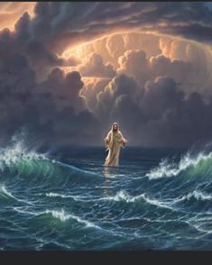 jesus walking on the water with storm clouds in the back ground and sun behind him