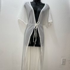 Open Front White Coverup Beach Dress In L Size, 95%Polyester 5% Spandex V-neck Tie Waist Maxi Dress For Beach Season, Casual Sheer Summer Cover-up, Lightweight Wrap Beach Cover-up, Open Front Summer Beach Dress Cover-up, V-neck Beachwear Cover-up For Day Out, Spring Stretch Beachwear Maxi Dress, Chic Summer Wrap Cover-up, Stretch V-neck Beach Dress For Vacation, Open Front Maxi Dress For Beach Cover-up