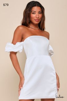 From the bridal shower to the bachelorette party, the Lulus Significant Sensation White Satin Off-the-Shoulder Mini Dress is perfect for celebrating your love with glamourous effort! Sleek woven satin shapes a princess-shaped bodice, an off-the-shoulder neckline (with hidden no-slip strips), and short puff sleeves with elastic at the shoulders and cuffs. The fitted waist tops a figure-skimming mini skirt. Hidden back zipper/clasp. Fit: This garment fits true to size. Length: Mid-thigh. Size medi White Off Shoulder Party Dress With Straight Neckline, White Off Shoulder Dress With Straight Neckline For Party, Spring Bridal Shower Fitted Mini Dress, Off-shoulder Mini Dress For Prom Season, Fitted Mini Dress For Bachelorette Party And Prom Season, Flirty Fitted Dress For Bachelorette Party, Glamorous Summer Dress For Bachelorette Party, Elegant Mini Dress For Bachelorette Party In Spring, Feminine Strapless Off-shoulder Dress For Brunch