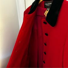 Vintage Coat Dry Cleaning Tag Still On Size 8p Brand Halston Lifestyle Made In Usa! 100% Wool Lucious Black Velvet Collar, Buttons And Cuffs Stunning Red Color Beautiful Full Bottom Side Pockets Full Length Coat, Vintage Coat, Black Velvet, Red Color, Full Length, The 100, Jackets & Coats, Jackets For Women, Lifestyle