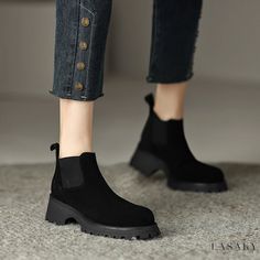 Lasaky - Chelsea Boots: Round Toe, Chunky Heel, Short Bootie with Added Warmth, Thick Sole, and Ankle-Length Design Winter Chelsea Boots, Chelsea Women, Suede Style, Short Ankle Boots, Botas Chelsea, Chunky Heel Ankle Boots, Low Heel Boots, Boots For Short Women, Chelsea Boots Women