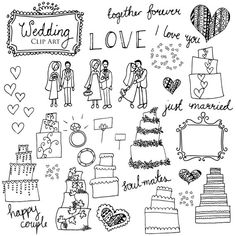 hand drawn wedding doodles with hearts, flowers and other things to write on them