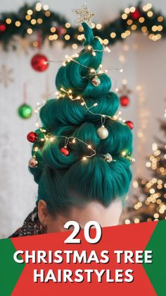 Add dramatic twists to your holiday hair with these bold Christmas Tree Hairstyles. These creative styles are perfect for women who love to make a statement at festive events. #ChristmasTreeHairstyles #DramaticTwists #BoldHolidayHair #FestiveLook #HolidayHairstyles #ChristmasTreeStyle Christmas Tree Hairstyles, Green Hair Spray, Green Hair Extensions, Christmas Tree Hair, Green Hair Dye, Christmas Tree Hat, Tree Braids, Retro Christmas Tree, Classic Christmas Tree