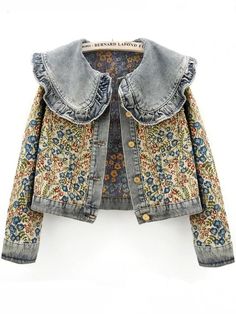 Mid blue floral embroidered jeans flaps jacket - Wapas Classic Denim Jacket, Jeans Jacket, Floral Denim, Collars For Women, Denim Jacket Women, Denim Coat, Pan Collar