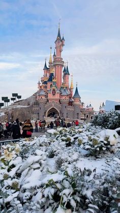 the disneyland castle is covered in snow and surrounded by trees, shrubs, and bushes