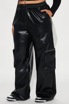 Available In Black. Cargo Pant High Rise Elastic Waistband Cargo Pockets Zipper Detail Faux Leather Stretch Coating: 100% PU Ground/Lining: 100% Polyester Imported | Wasted Times Faux Leather Cargo Pant in Black size XS by Fashion Nova Casual Faux Leather Pants With Side Pockets, Casual Faux Leather Cargo Pants, Casual Faux Leather Cargo Pants With Belt Loops, Black Faux Leather Pants With Cargo Pockets, Urban Fall Pants With Zipper Closure, Faux Leather Cargo Pants For Streetwear, Urban Pants With Zipper Closure For Fall, Black Faux Leather Pants With Pockets, Trendy Faux Leather Cargo Pants With Pockets