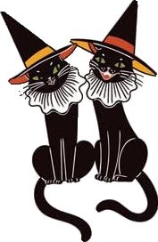 two black cats wearing witches hats sitting next to each other