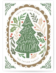 a christmas card with an illustration of a tree in the center and words above it