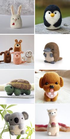 several different pictures of stuffed animals made out of felt and wool, including an animal