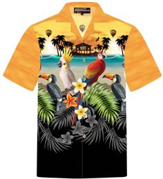 "Hawaiian Shirt \"Golden Parrots\" for men * original Designed in Germany * 100% cotton * size S - 8XL * coconut buttons * shirt runs large to size" Summer Orange Beach Shirt, Orange Summer Beach Shirt, Summer Orange Shirt For Beach, Yellow Hawaiian Shirt For Vacation, Summer Orange Hawaiian Shirt For Beach, Orange Cotton Hawaiian Shirt For Summer, Summer Beach Orange Hawaiian Shirt, Orange Short Sleeve Camp Shirt For Beach, Yellow Hawaiian Camp Shirt For Vacation