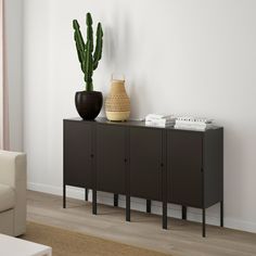 a living room with a couch and a plant on top of the sideboard in front of it