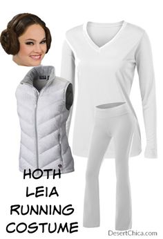 a woman wearing white clothes and jacket with the words hoth leia running costume