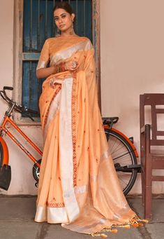 Embroidered Linen Saree in Orange Ruffle Saree, Indian Party Wear, Color Blouse, Linen Saree, Festive Look, Saree Trends